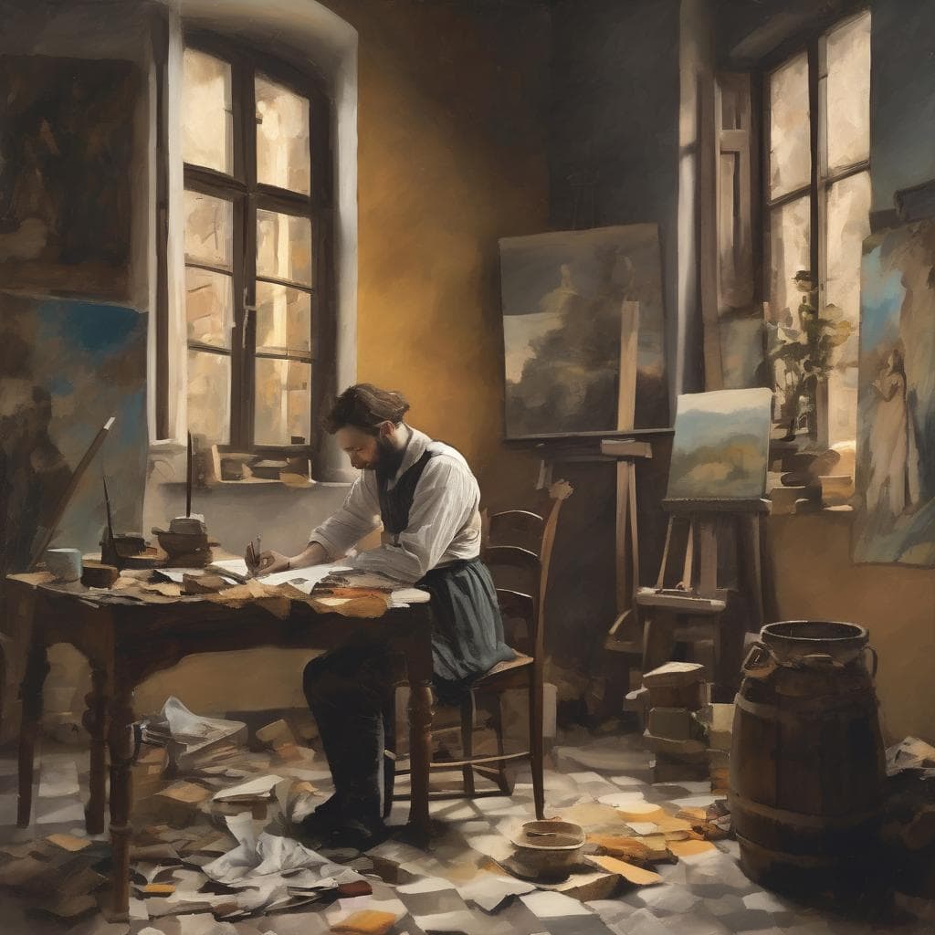Ζωγράφος σε καλλιτεχνικό στούντιο με πίνακες, καμβάδες και ελαιογραφίες, αναζητώντας το πνευματικό και καλλιτεχνικό του κέντρο.