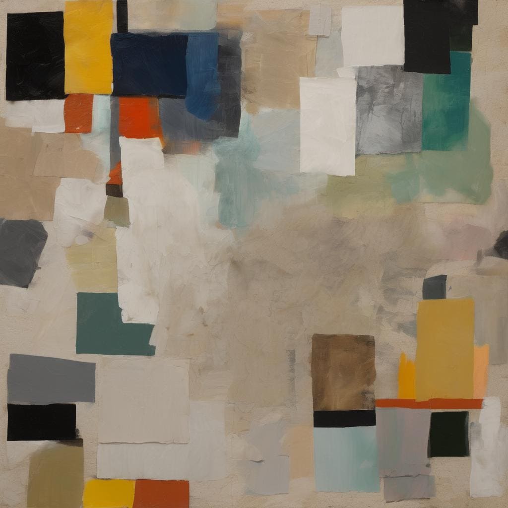 Όμορφη αφηρημένη ζωγραφική με πολύχρωμα τετράγωνα και σχήματα, αναζήτηση τέχνης και μεταφυσικής.