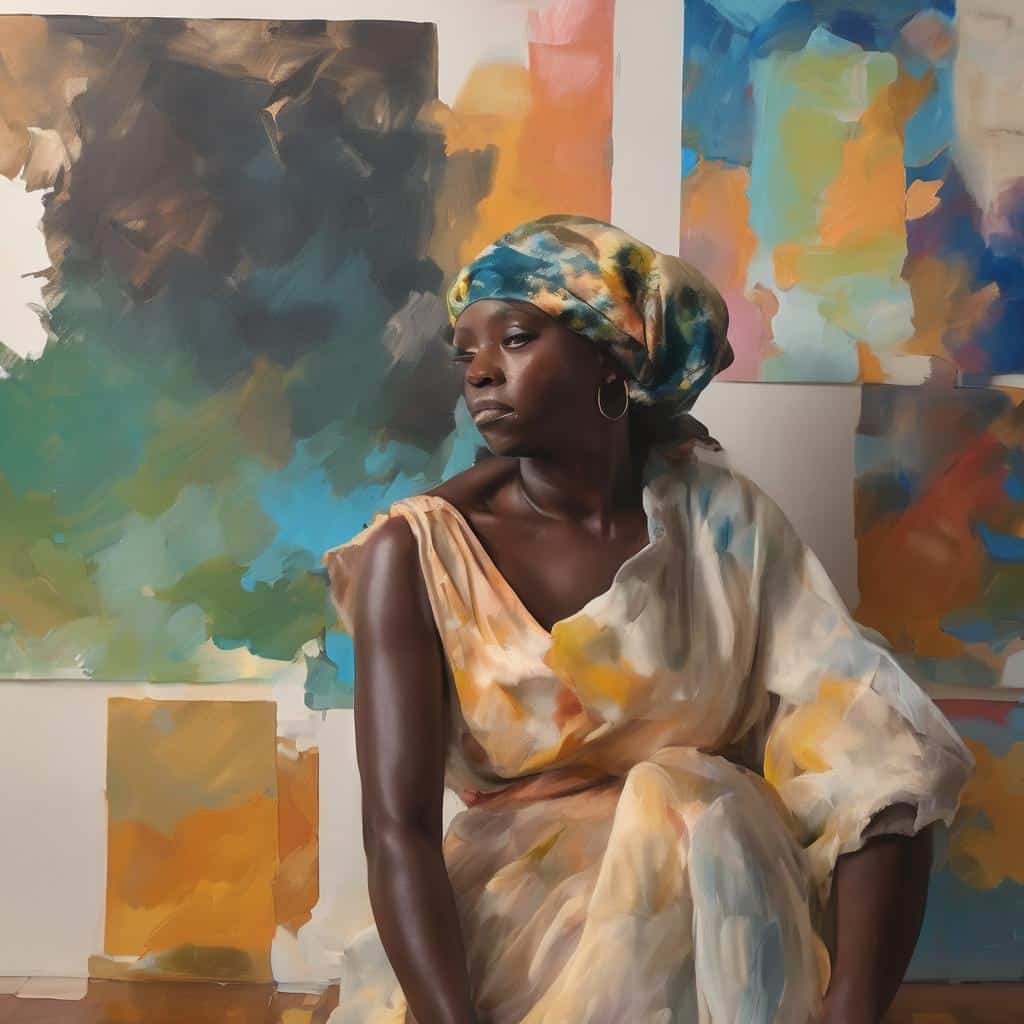 Ζυγέ γυναίκα με πολύχρωμα σκουφάκι στη ζωγραφική έκθεση τέχνης και μεταφυσικής αναζήτησης.