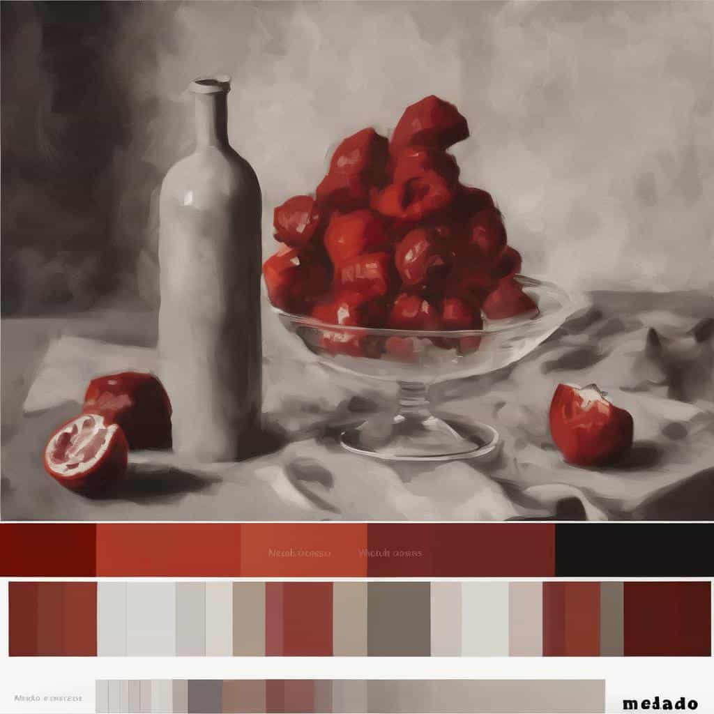 φωτογραφία με κόκκινα κεράσια και γυάλινη διακοσμητική φιάλη σε λιτή σύνθεση, τέχνη και μεταφυσική αναζήτηση, ομάδα έργων σε καλλιτεχνική εμφάνιση.